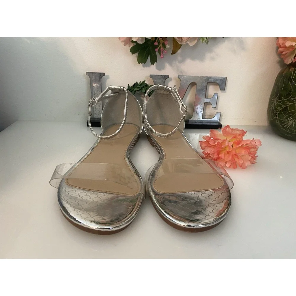 Clear Acrylic and Silver Faux Reptile Wild Diva Ankle Strap Sandals Size‎ 8/8.5